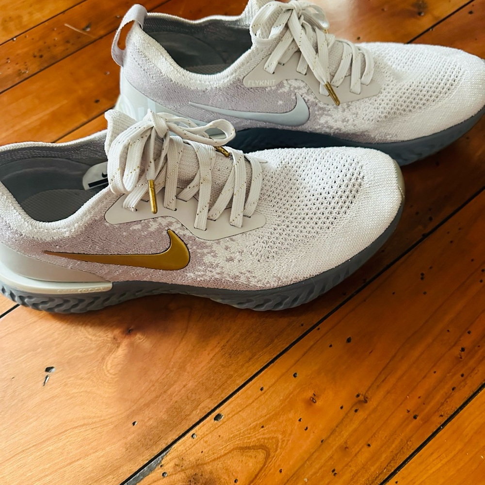 Nike Epic React White and Gold Athletic Shoes